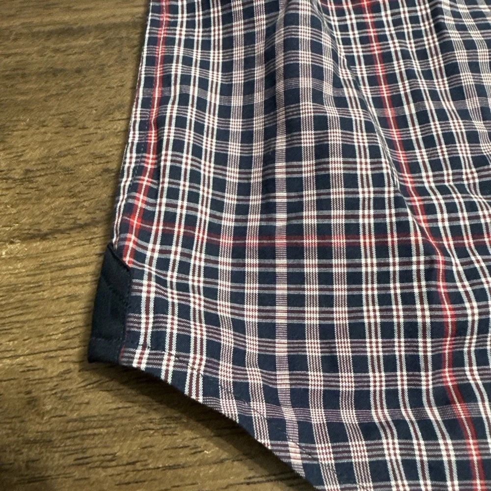 Banana Republic‎ Shirt Men's Medium Blue Red Plaid Pearl Snap Western Rockabilly